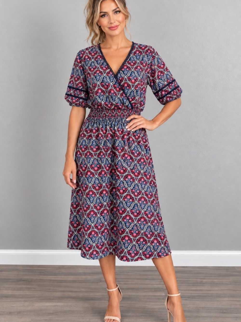 Draper James Smocked Waist V-Neck Midi Dress Navy Pink Floral w/pockets Large